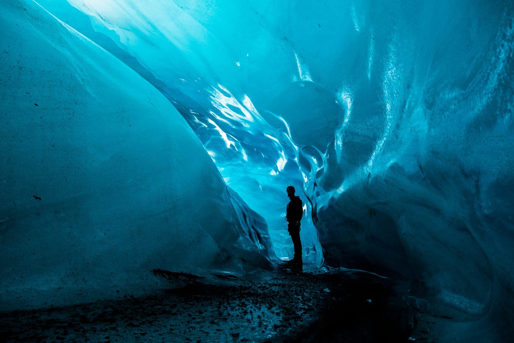 Ancient blue ice inside an Icelandic glacier chamber